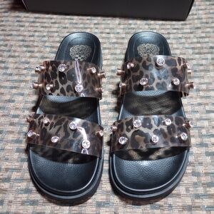Vince Camuto Leopard Print Sandals with Rhinestone Details